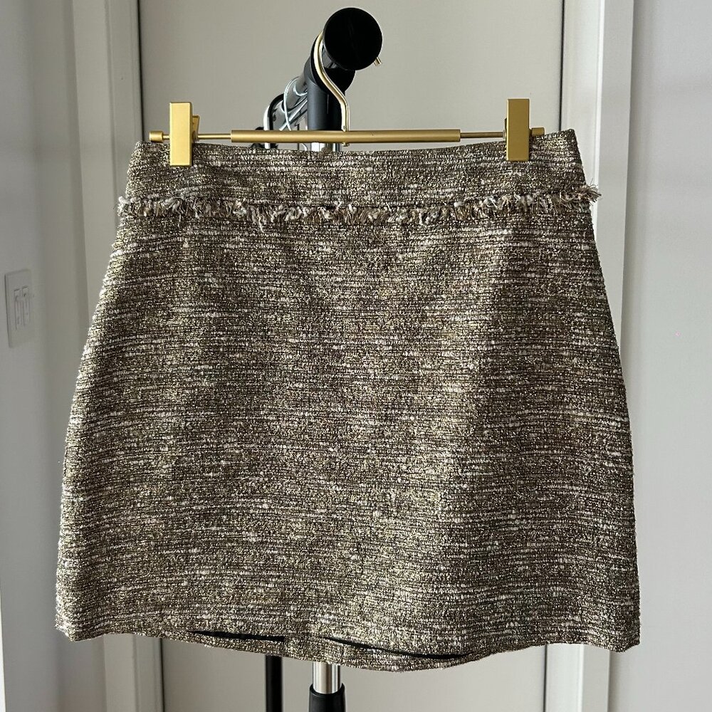 ZARA GOLD METALLIC SHIMMER TWEED MINI SKIRT W/ FRINGE